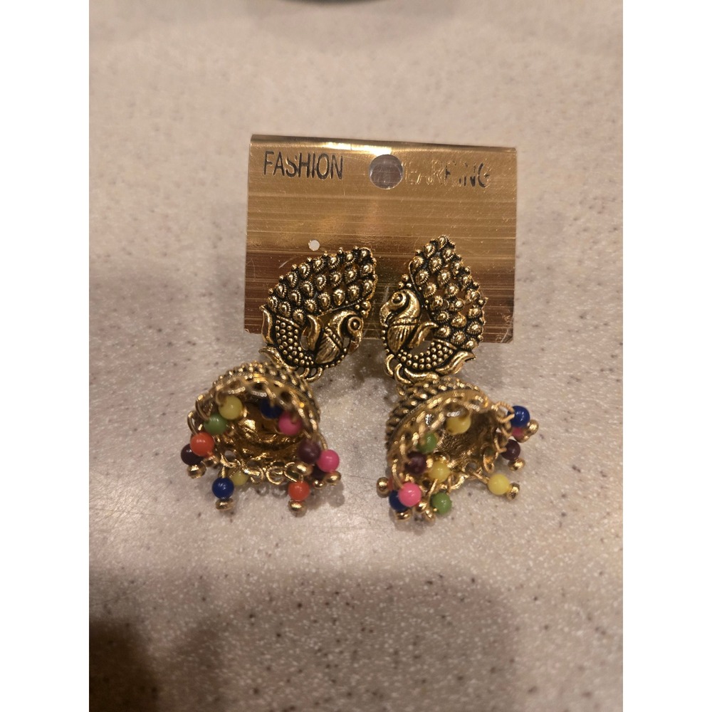Gold Tone Peacock Jhumka Earrings with Multi Color Beads Ethnic Indian Jewelry